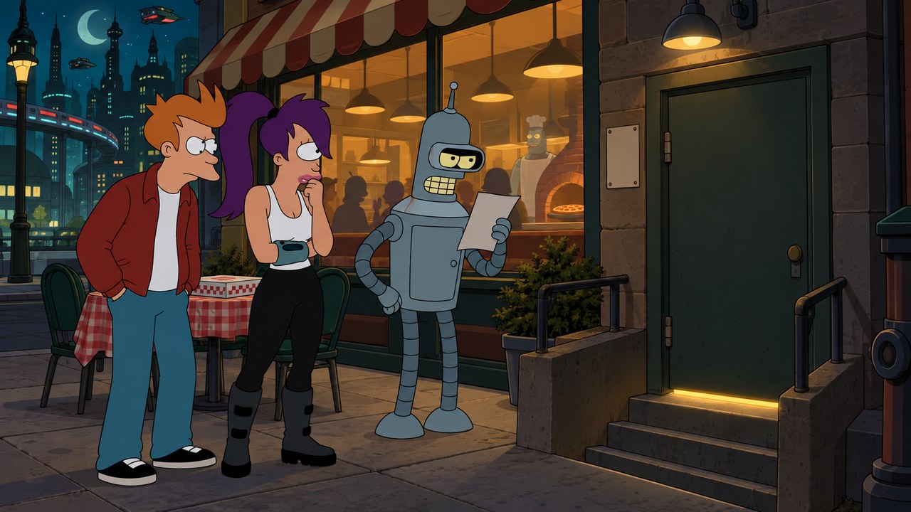 Fry, Leela and Bender inspect a restaurant cellar entrance at night.