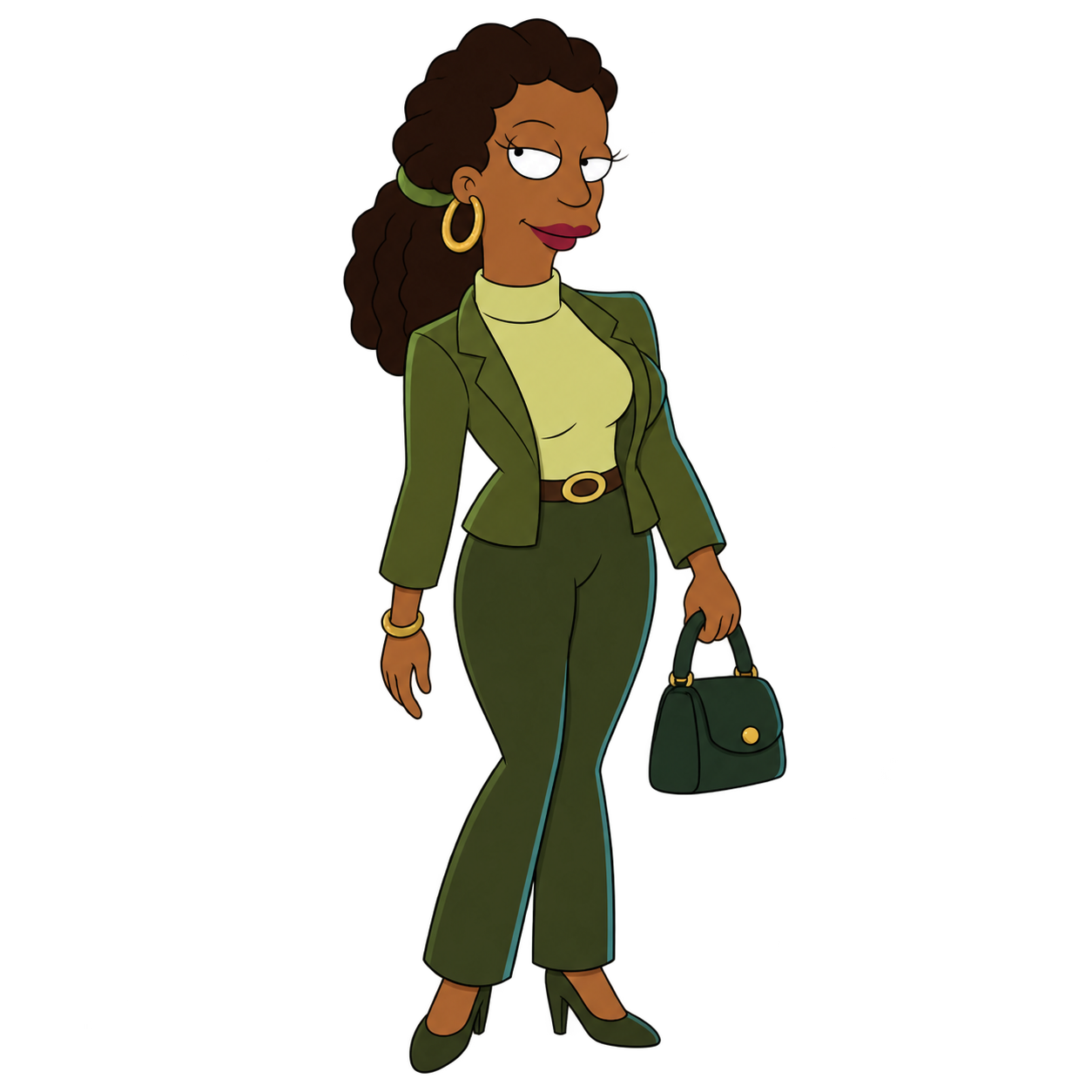 A brown-skinned woman with long curly brown hair, hoop earrings and an olive suit holds a handbag.