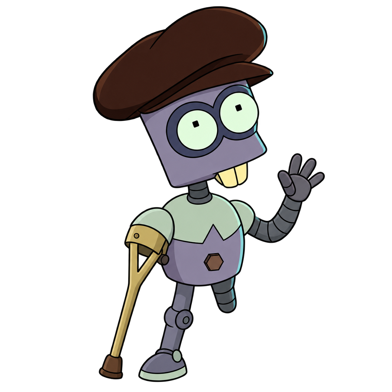 A small worn robot in a flat cap has a crutch-like arm and an asymmetrical shortened leg.