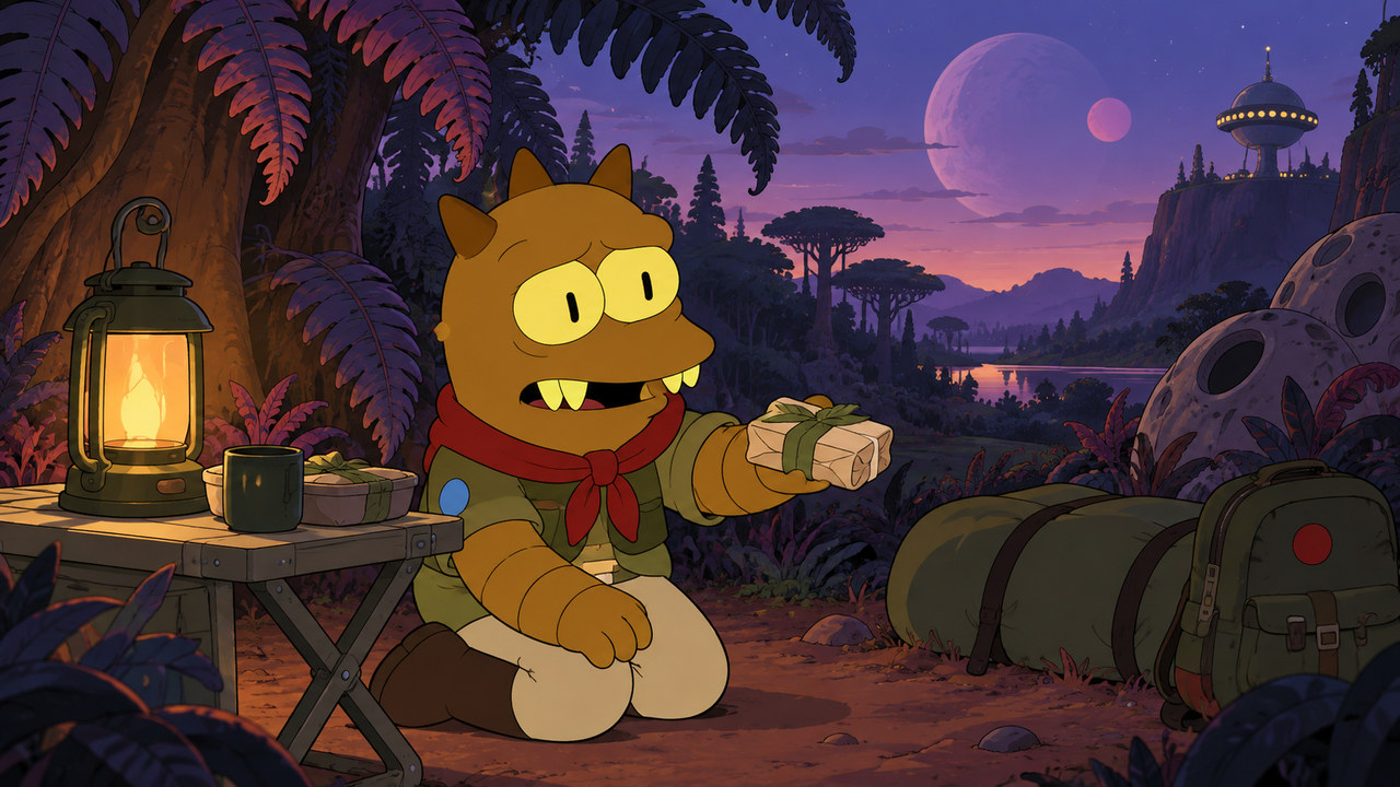Jrrr offers a small wrapped snack beside a lantern and bedroll in an alien forest.