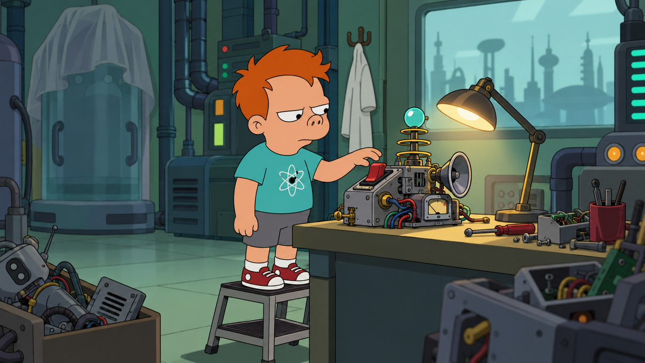 Cubert stands on a stool to examine a small invention at a laboratory workbench.
