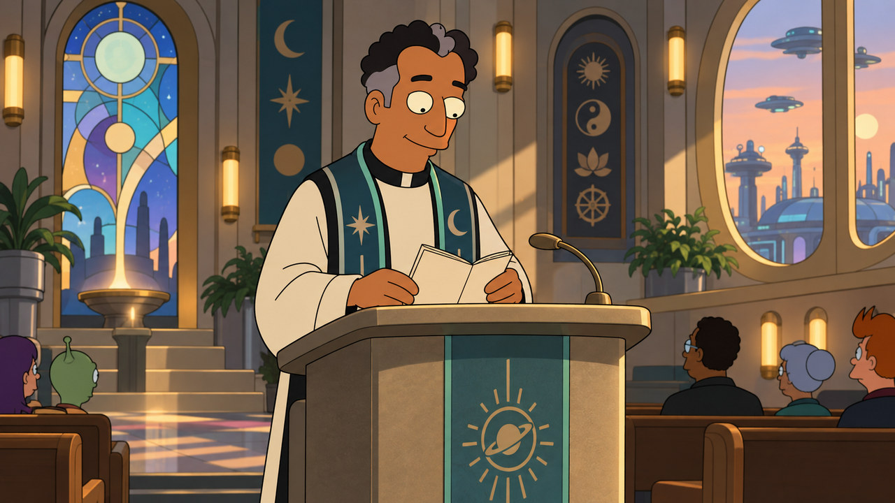Father Changstein-El-Gamal arranges a booklet at a stained-glass church lectern.