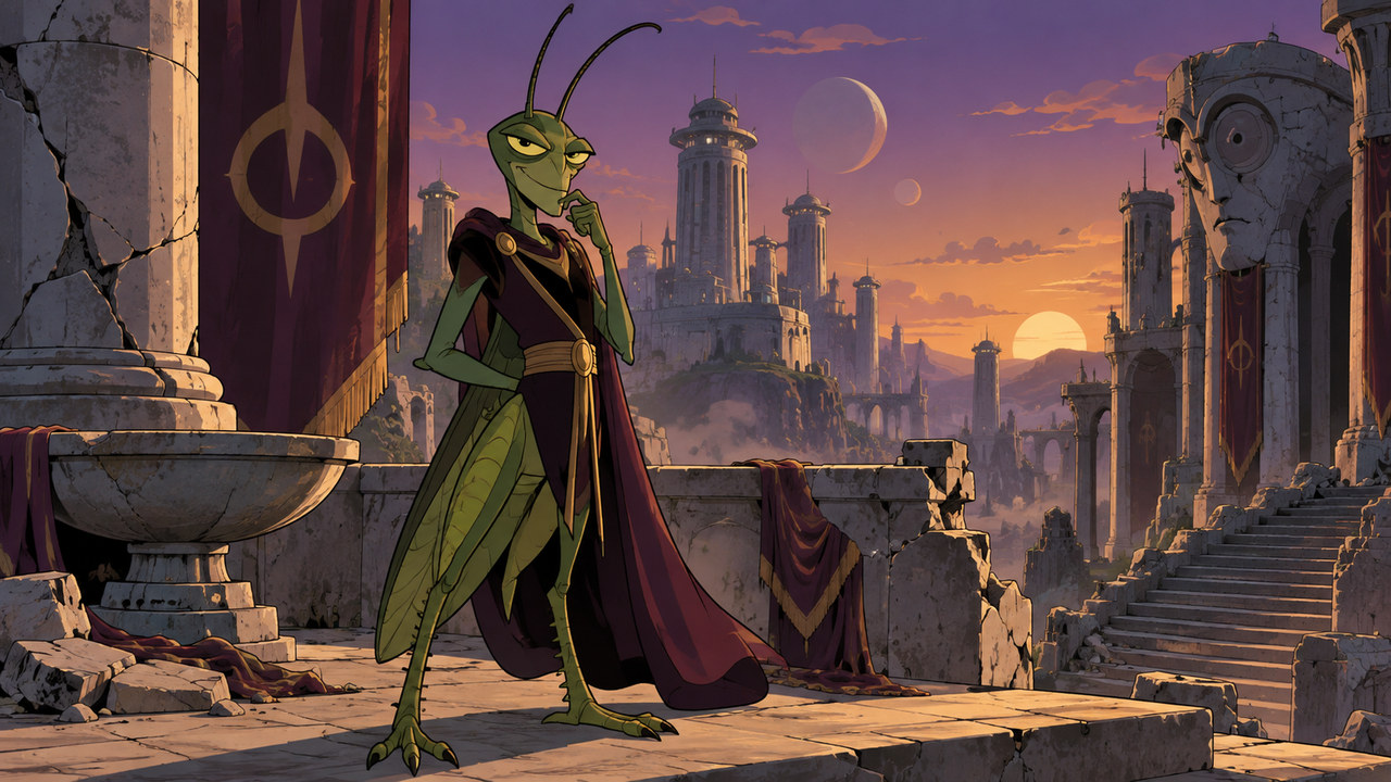 Alcazar in insect form stands on a ruined palace terrace at sunset.
