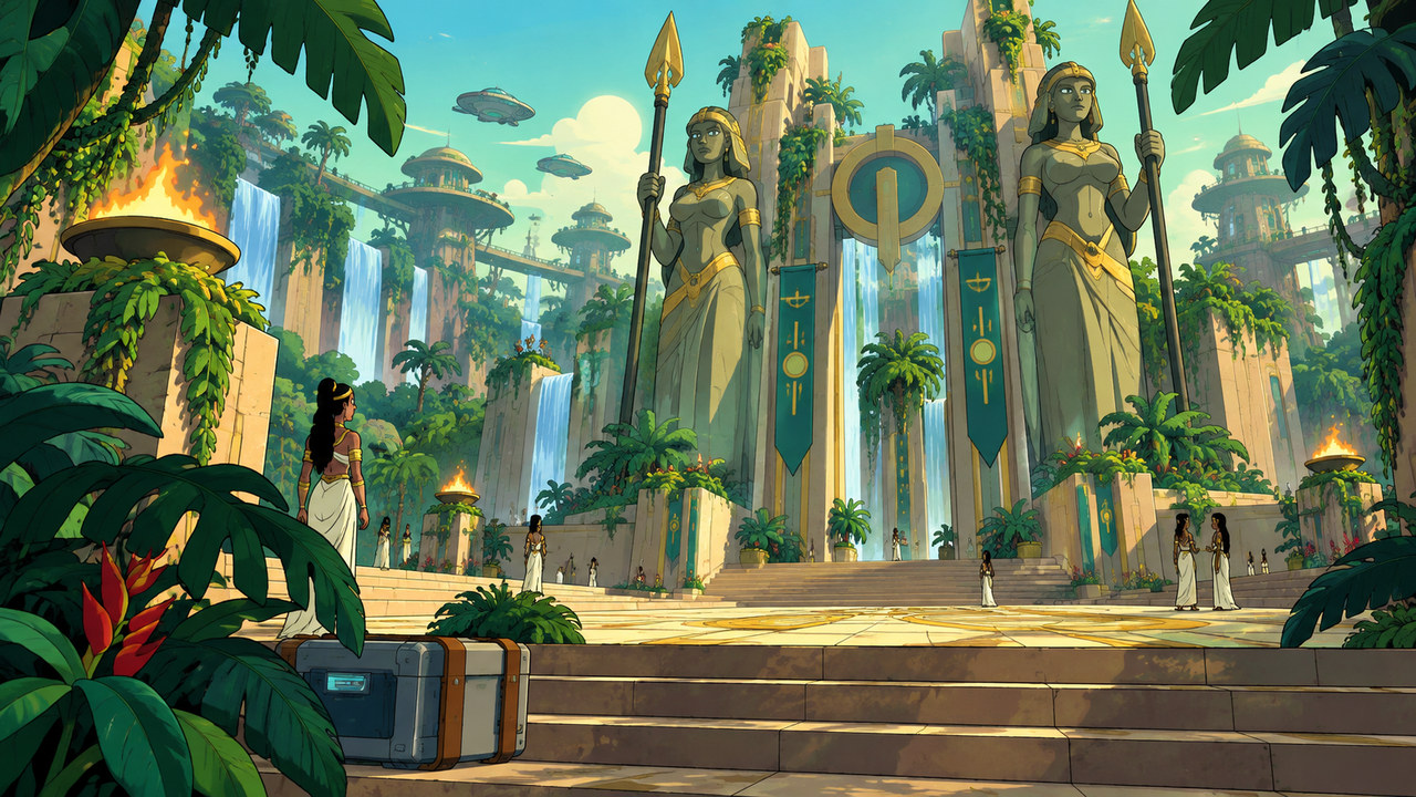 A monumental jungle courtyard with waterfalls, tall stone entrances and a small delivery crate.