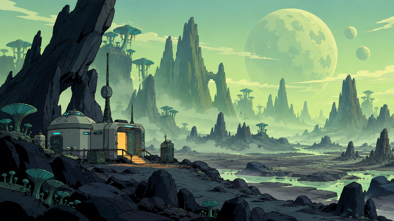 A sealed shelter overlooks a misty, rocky alien basin with sparse vegetation.