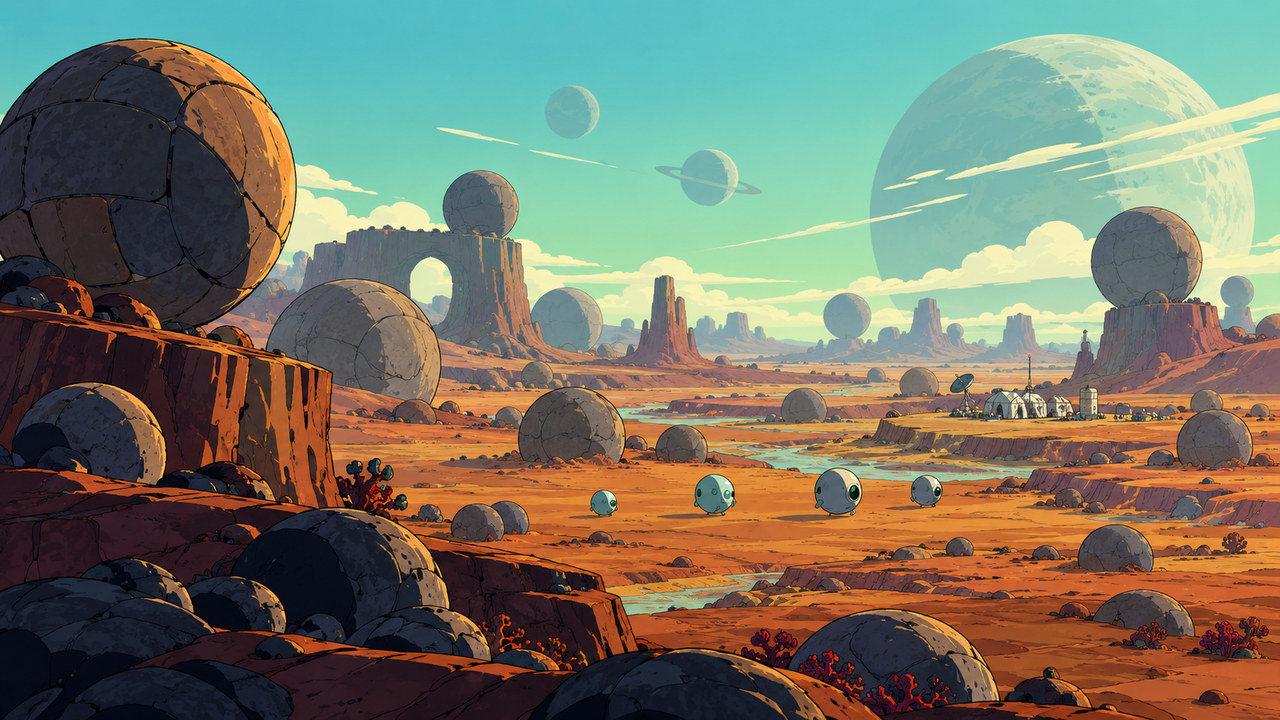 Rounded stone formations and small ball-like inhabitants cross an ochre alien plain.