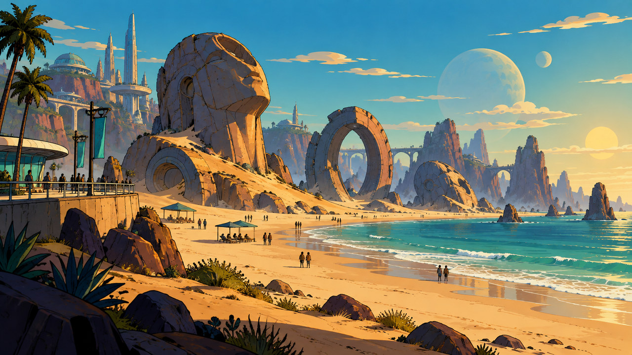 Weathered monumental shapes rise beside a beach promenade and small visitors.