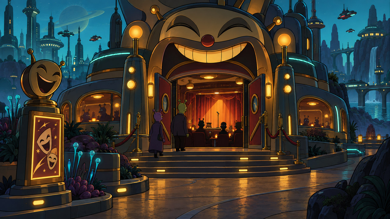 A theatrical comedy-club entrance opens toward a warmly lit stage and oversized seating.