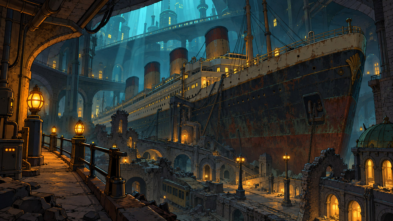 An enormous weathered passenger vessel rests among underground streets and industrial arches.