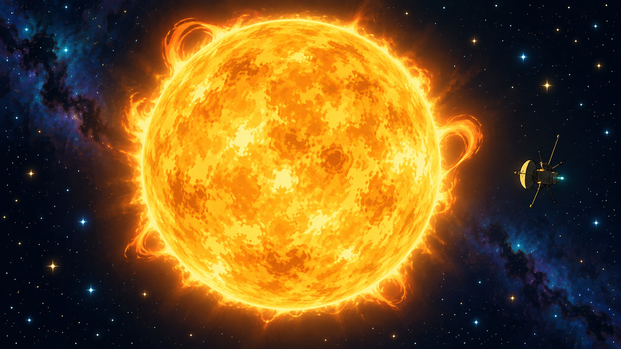 A stylized glowing star and solar arcs dominate space beside a small observing craft.
