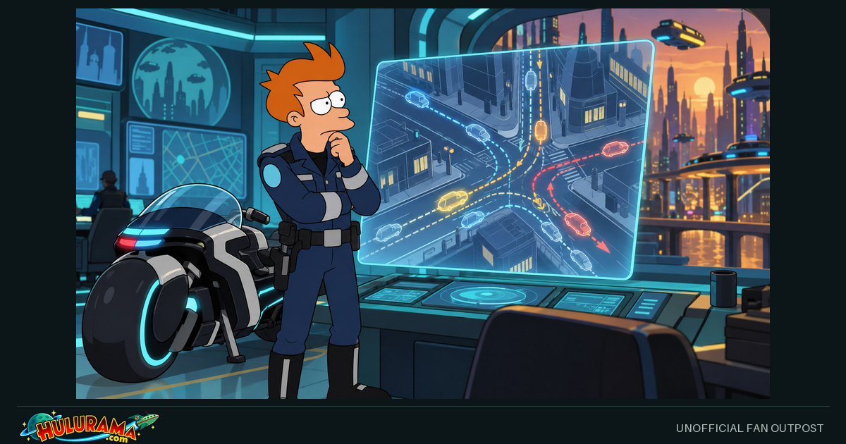Fry in police uniform studies glowing routes beside a futuristic motorcycle.