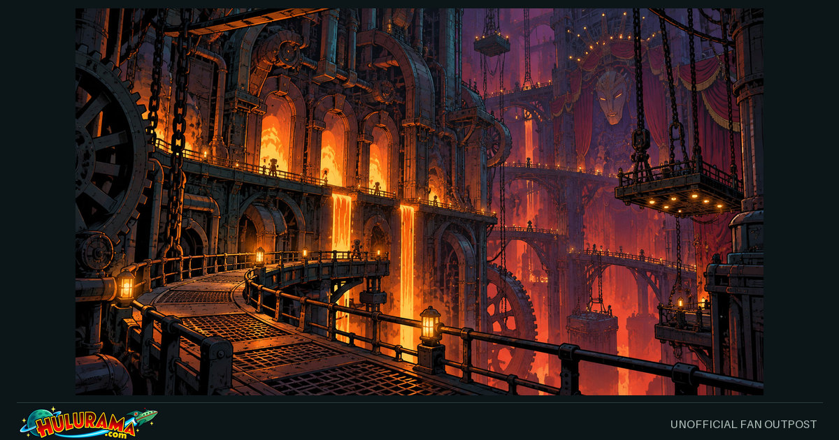 Iron catwalks wind between glowing furnaces in a vast industrial chamber.