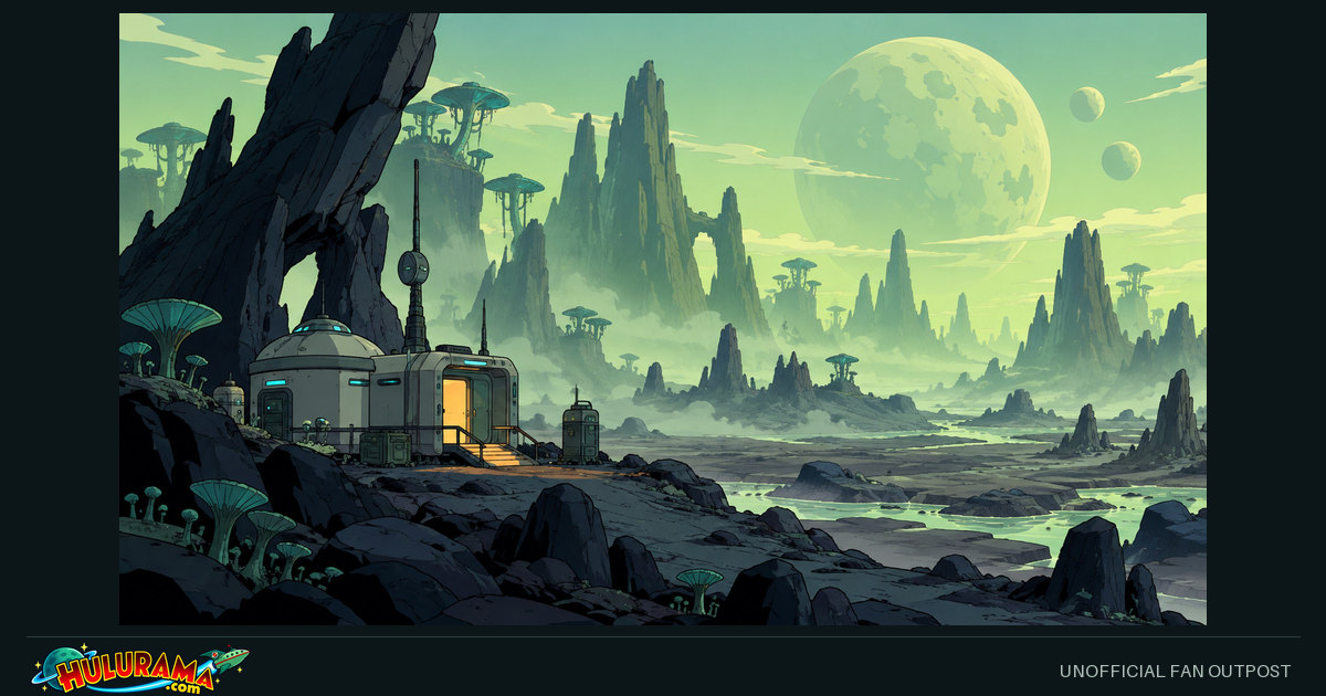 A sealed shelter overlooks a misty, rocky alien basin with sparse vegetation.
