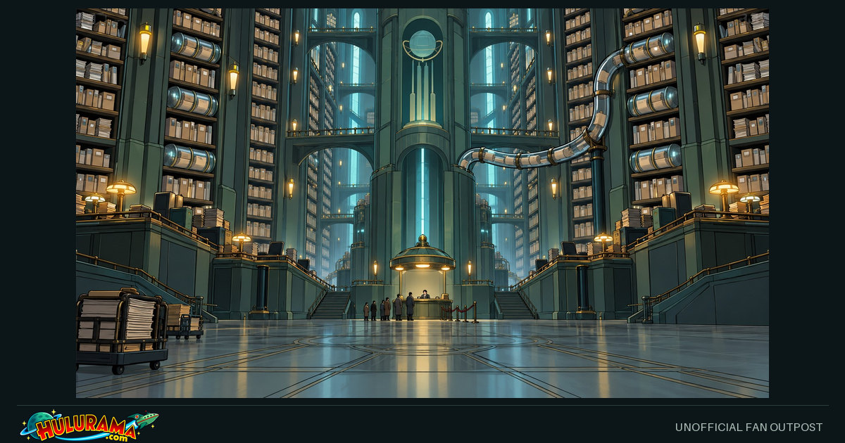 Tall filing shelves and document tubes dwarf a service desk in a cavernous hall.