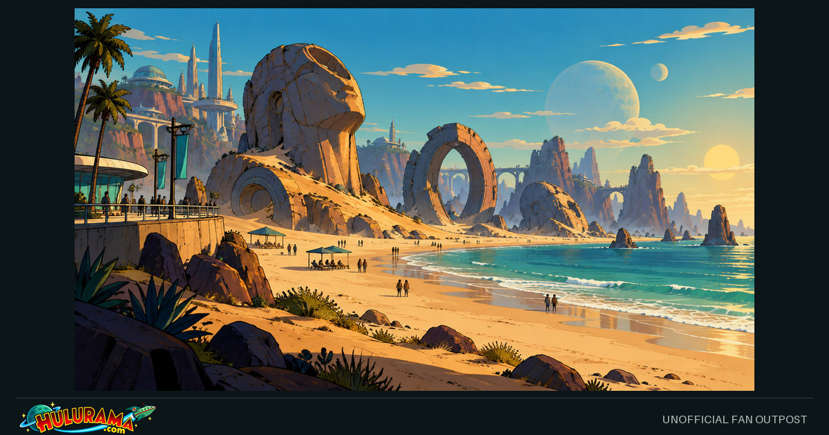 Weathered monumental shapes rise beside a beach promenade and small visitors.
