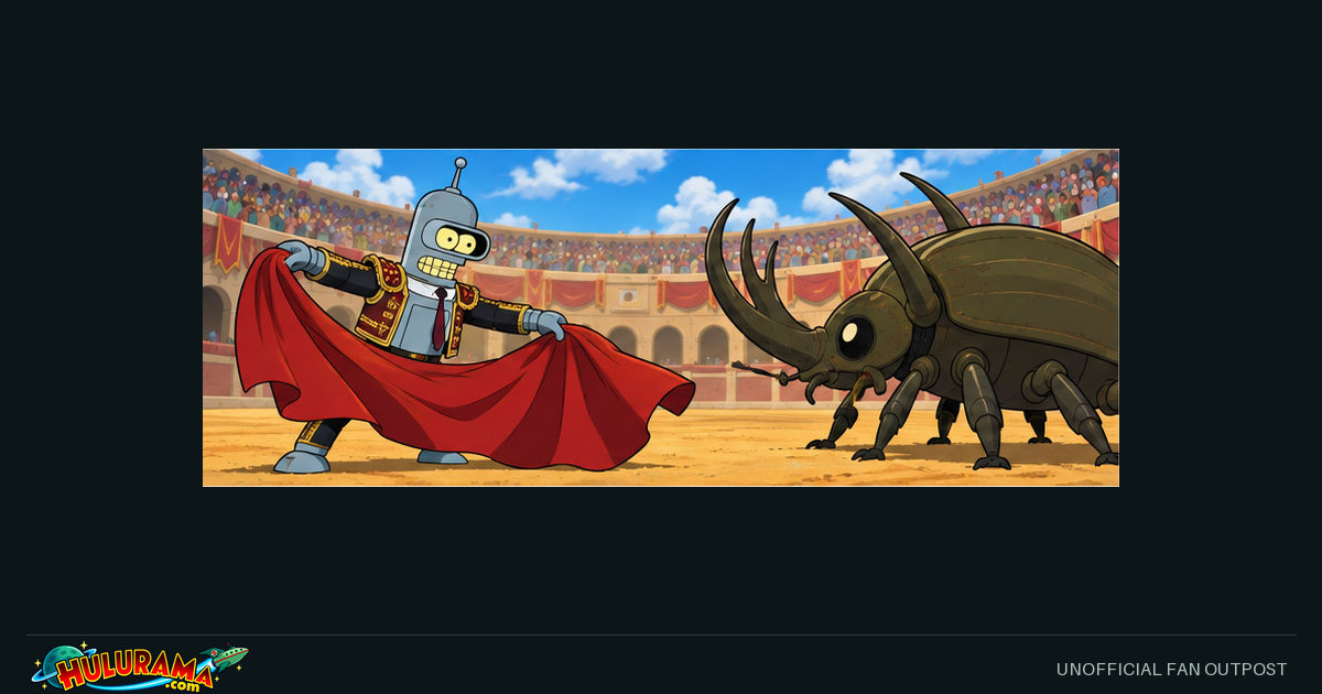 Bender flourishes a red cape opposite a large beetle in an arena.