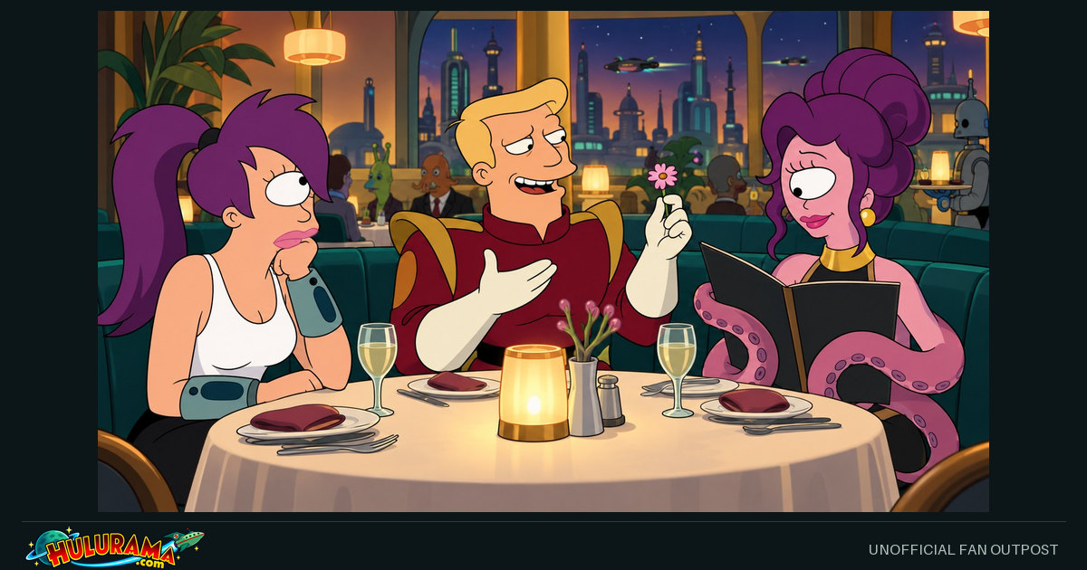 Leela looks uneasy while Zapp talks with Munda at a restaurant table.