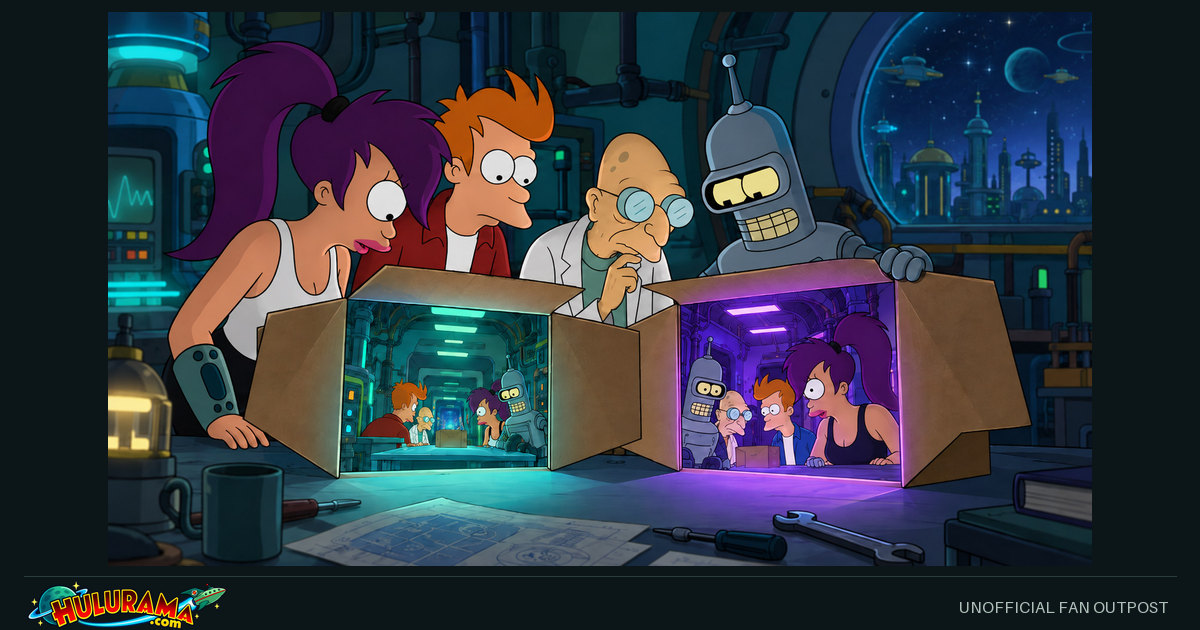 The crew examines cardboard boxes containing glowing views of counterpart laboratories.