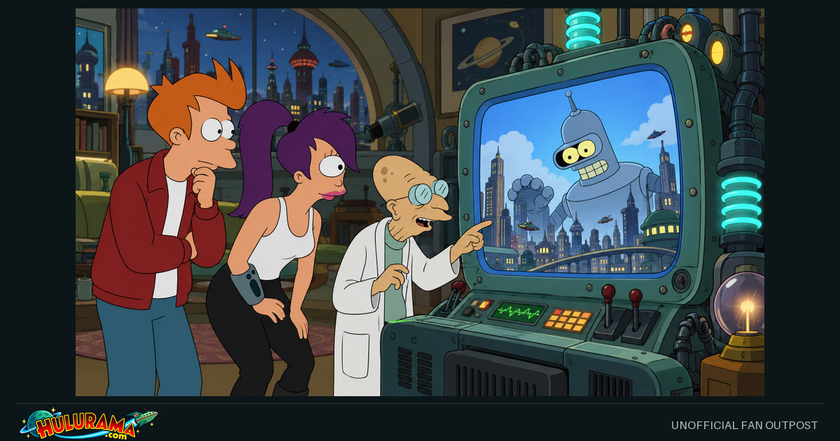 Fry, Leela and Farnsworth watch a giant Bender on a laboratory screen.