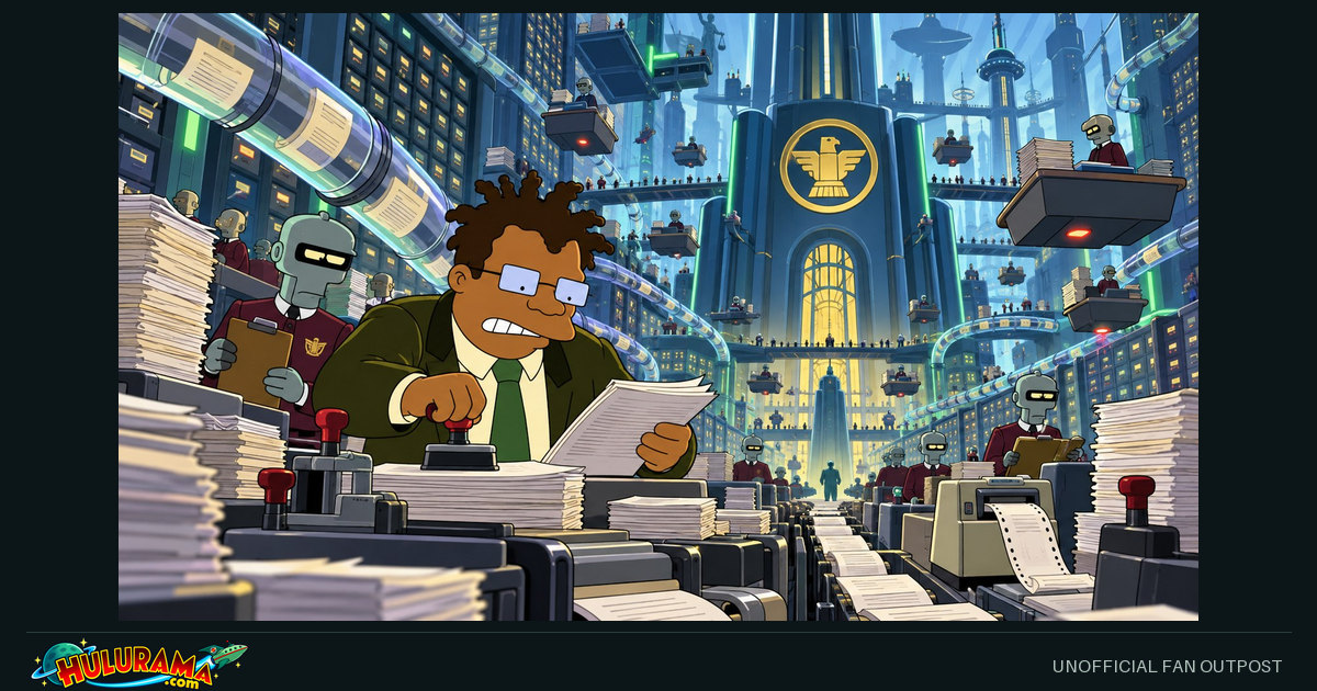 Hermes sorts documents in an immense futuristic filing facility.