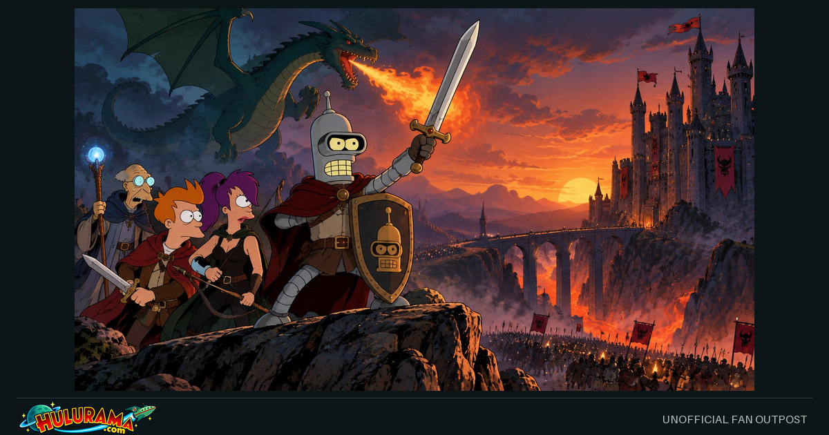 Bender adopts a knightly pose before a dragon, castle and industrial landscape.
