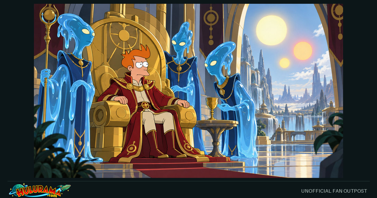Fry sits uneasily on a golden throne beside translucent blue courtiers and three suns.
