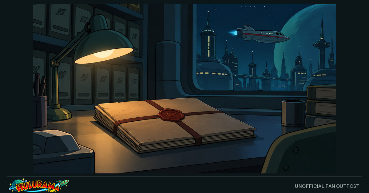 A sealed, unlettered folio rests on a quiet futuristic archive desk.