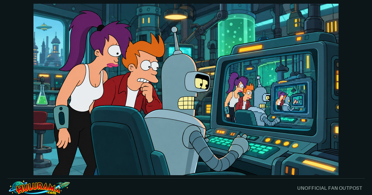 Bender watches a monitor containing nested versions of the laboratory while Fry and Leela look on.