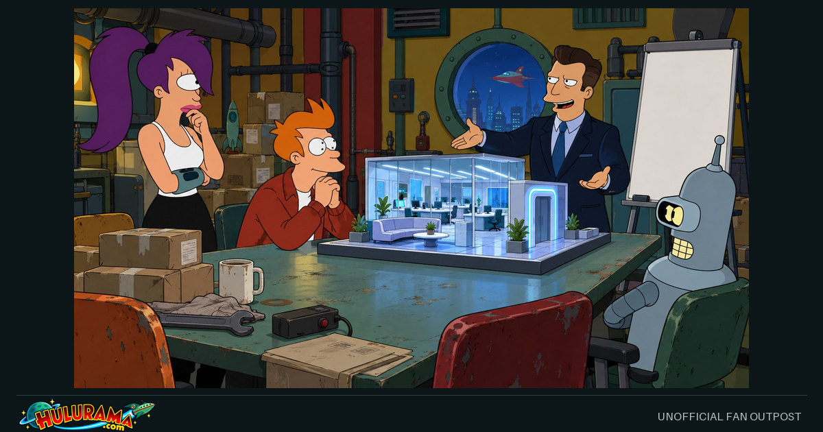 A suited presenter shows the crew a pristine model in their cluttered workplace.