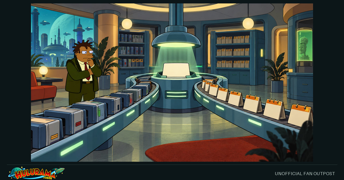 Two curved archive conveyors lead to a glowing terminal while Hermes watches.