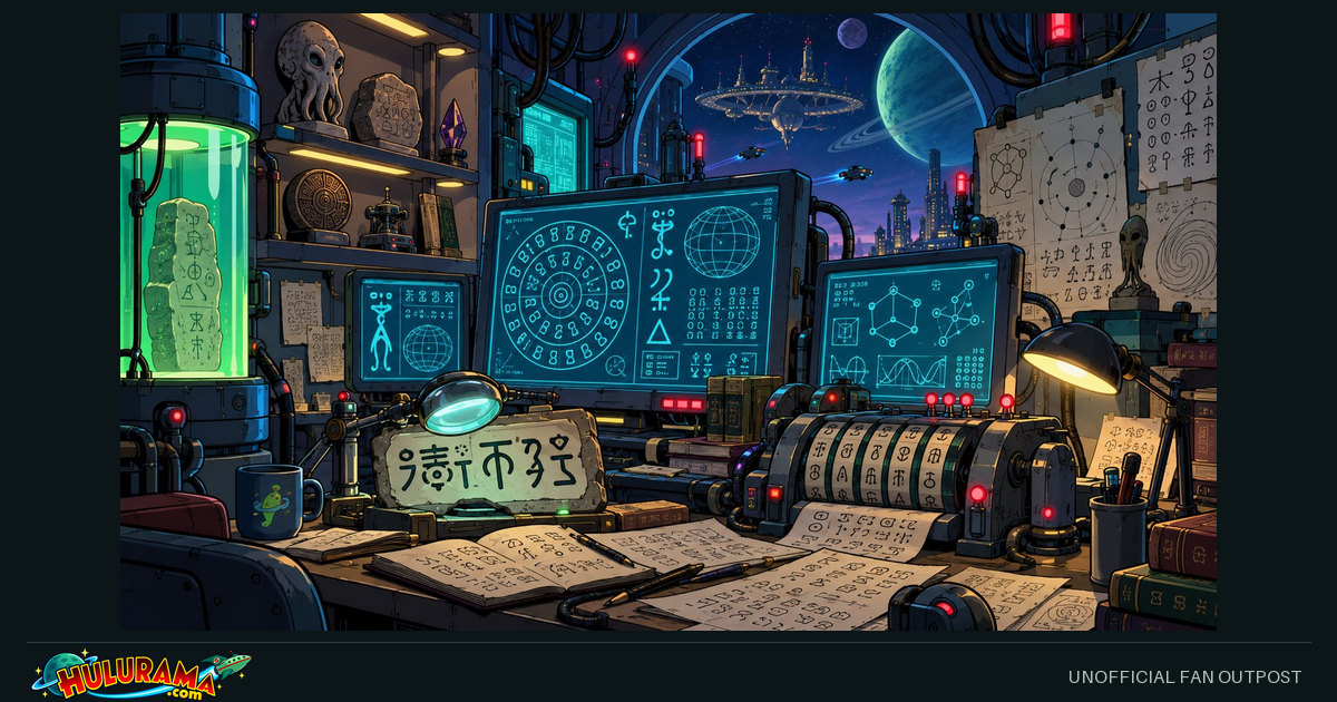 A retro laboratory desk with glowing symbol displays, notes and decoding equipment.
