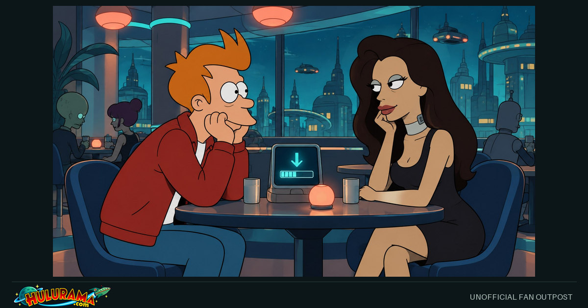 Fry admires a woman across a cafe table beside a glowing download display.