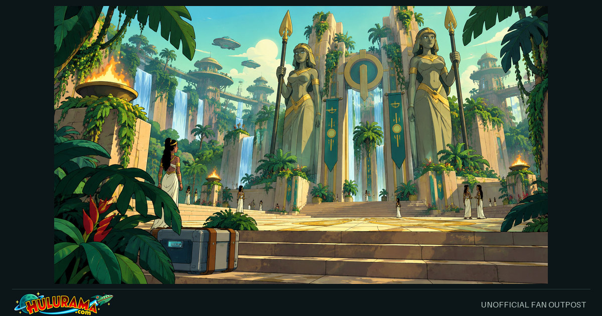 A monumental jungle courtyard with waterfalls, tall stone entrances and a small delivery crate.