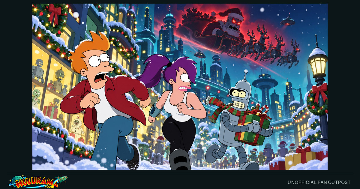 Fry, Leela and Bender run through snow beneath a threatening robot Santa sleigh.