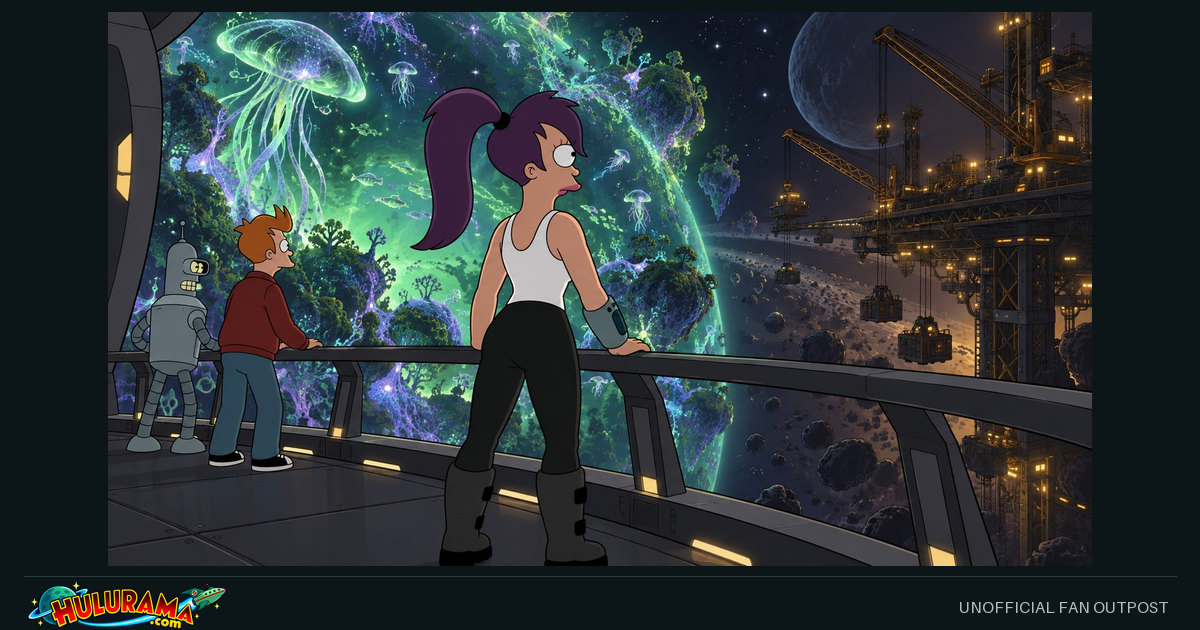 Leela and Fry stand between a luminous cosmic ecosystem and distant construction machinery.