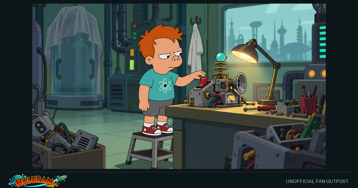 Cubert stands on a stool to examine a small invention at a laboratory workbench.