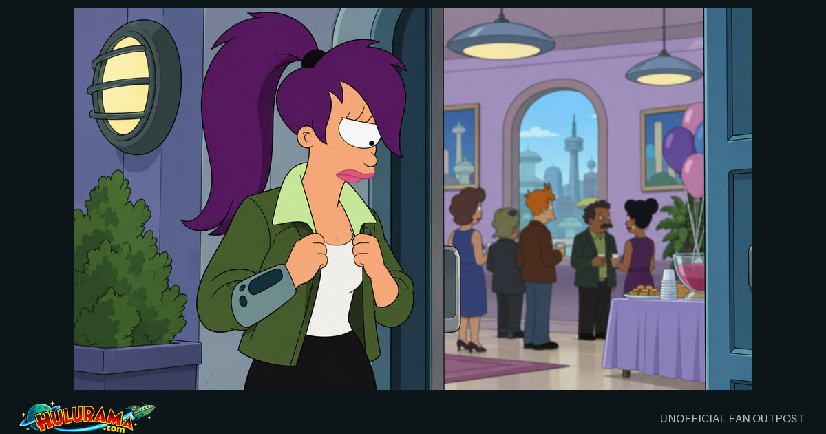 Leela pauses at the entrance of a reception, holding the edges of her green jacket.