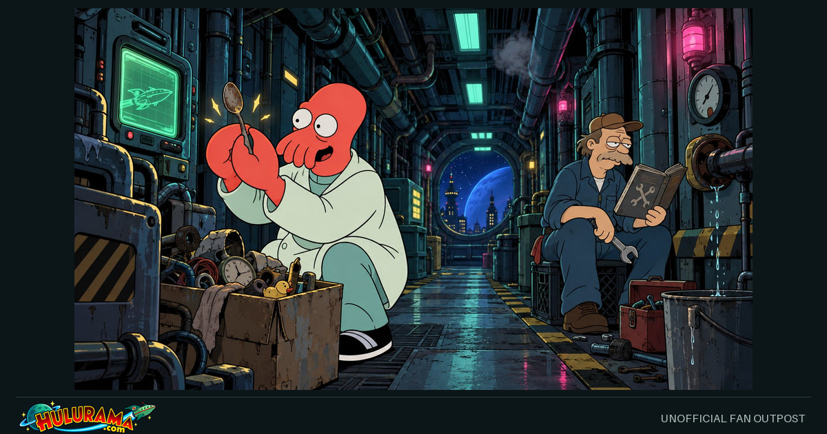 Zoidberg rummages beside machinery while Scruffy reads in a maintenance corridor.