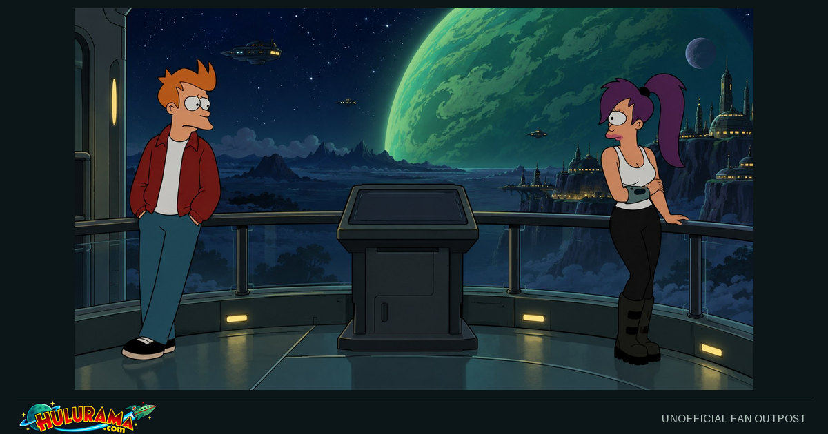 Fry and Leela stand apart on a terrace beneath a vast green planet.