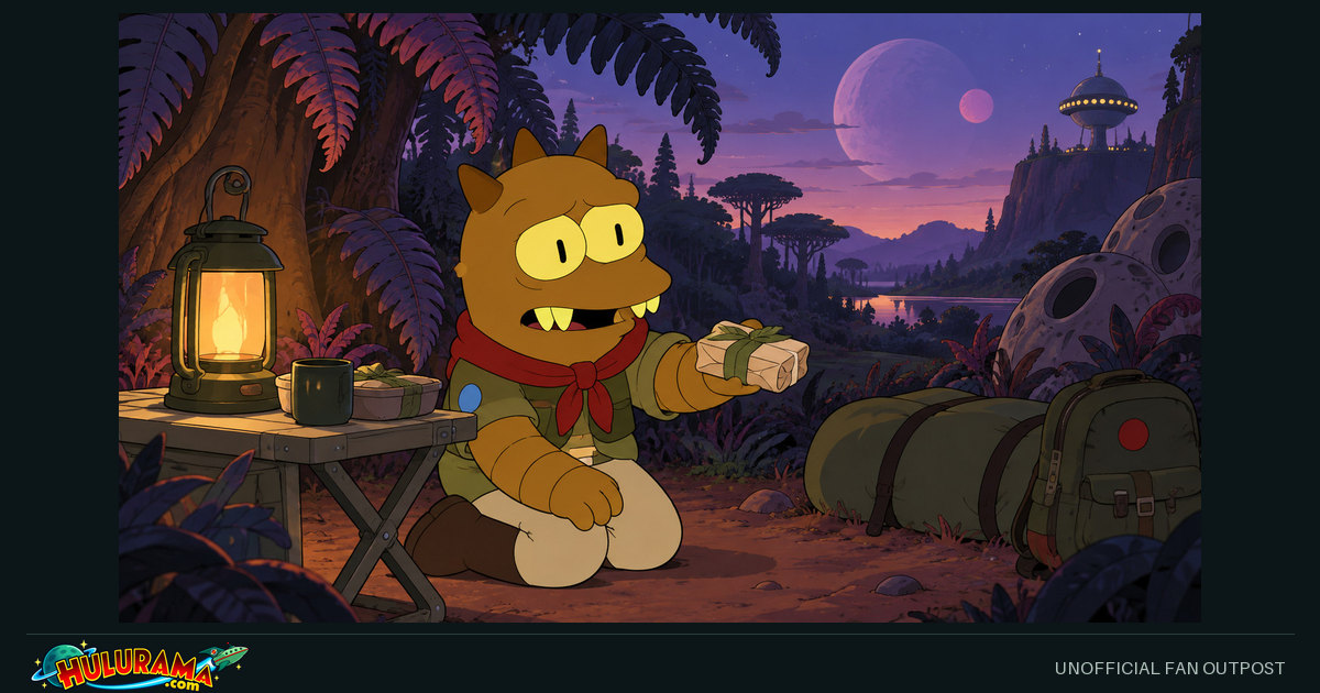 Jrrr offers a small wrapped snack beside a lantern and bedroll in an alien forest.
