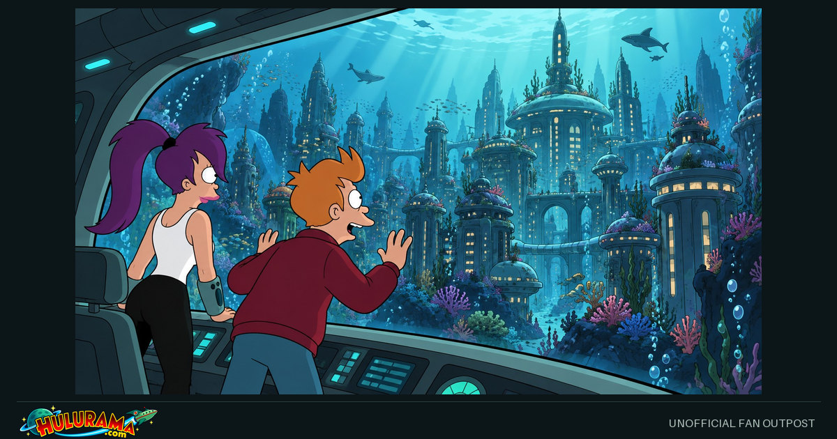 Fry and Leela look through a ship window at a submerged city surrounded by marine life.