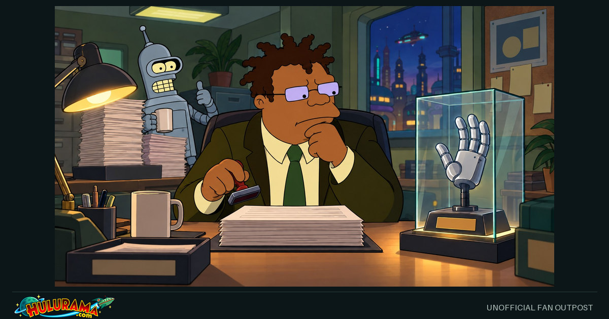 Hermes studies a displayed mechanical hand while Bender waits by the office files.
