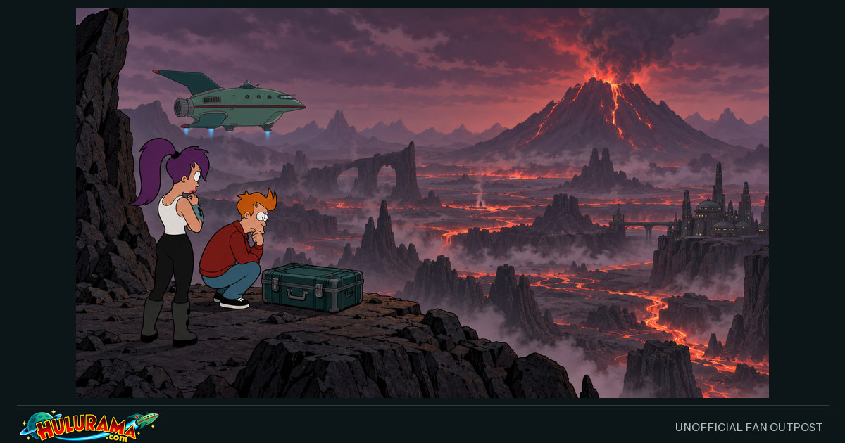 Fry and Leela watch a glowing volcano beyond the delivery ship.