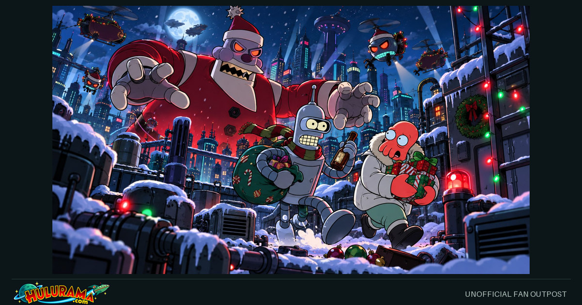 Bender and Zoidberg flee a towering robot Santa on snowy industrial rooftops.