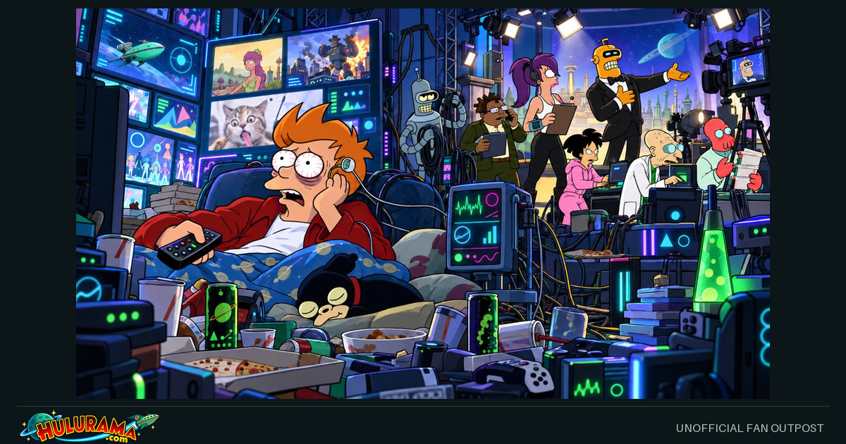 Fry watches a wall of screens amid cables and snacks, with a production crew behind him.