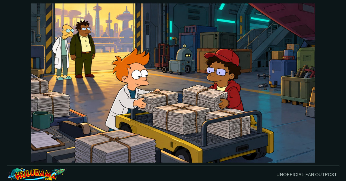 Two young delivery workers organize newspaper stacks while Farnsworth and Hermes watch.