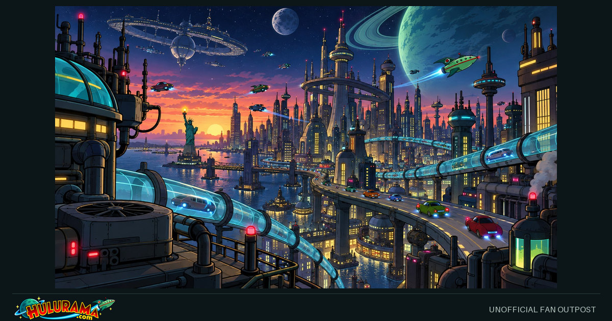 A futuristic city at sunset, with glowing transit tubes and flying traffic.