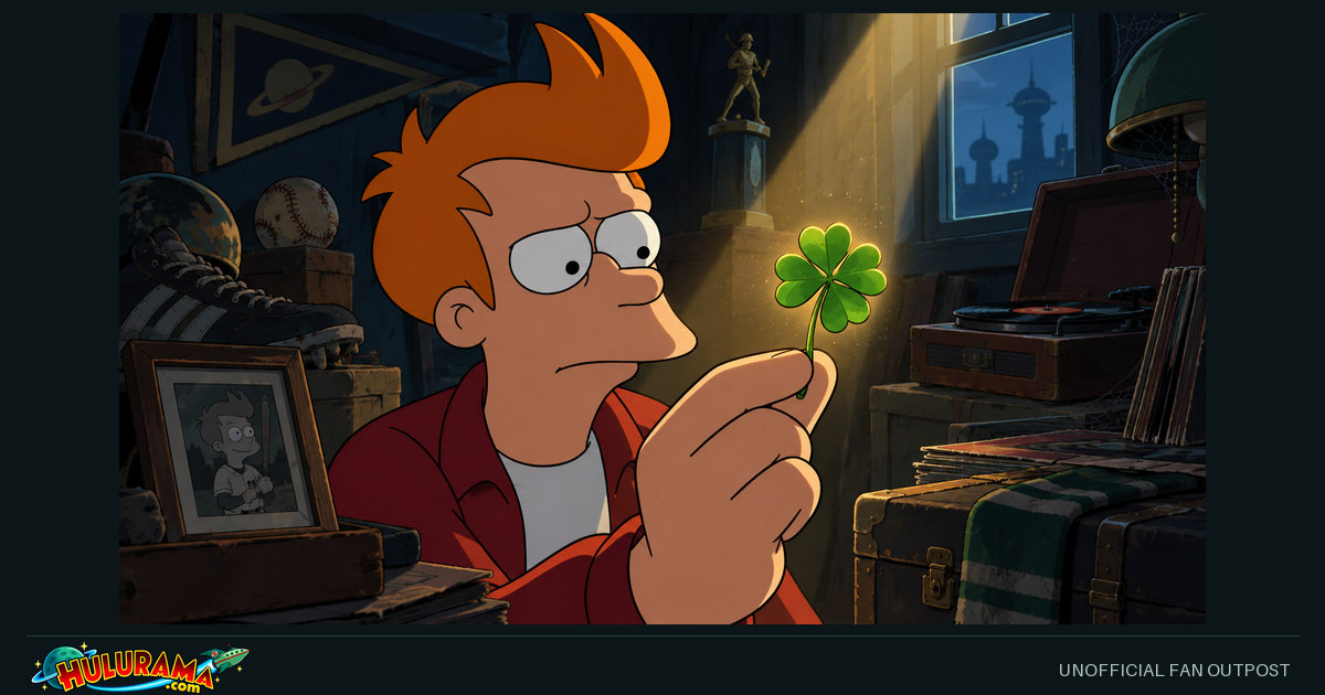 Fry studies a green clover among old family photographs and music equipment.