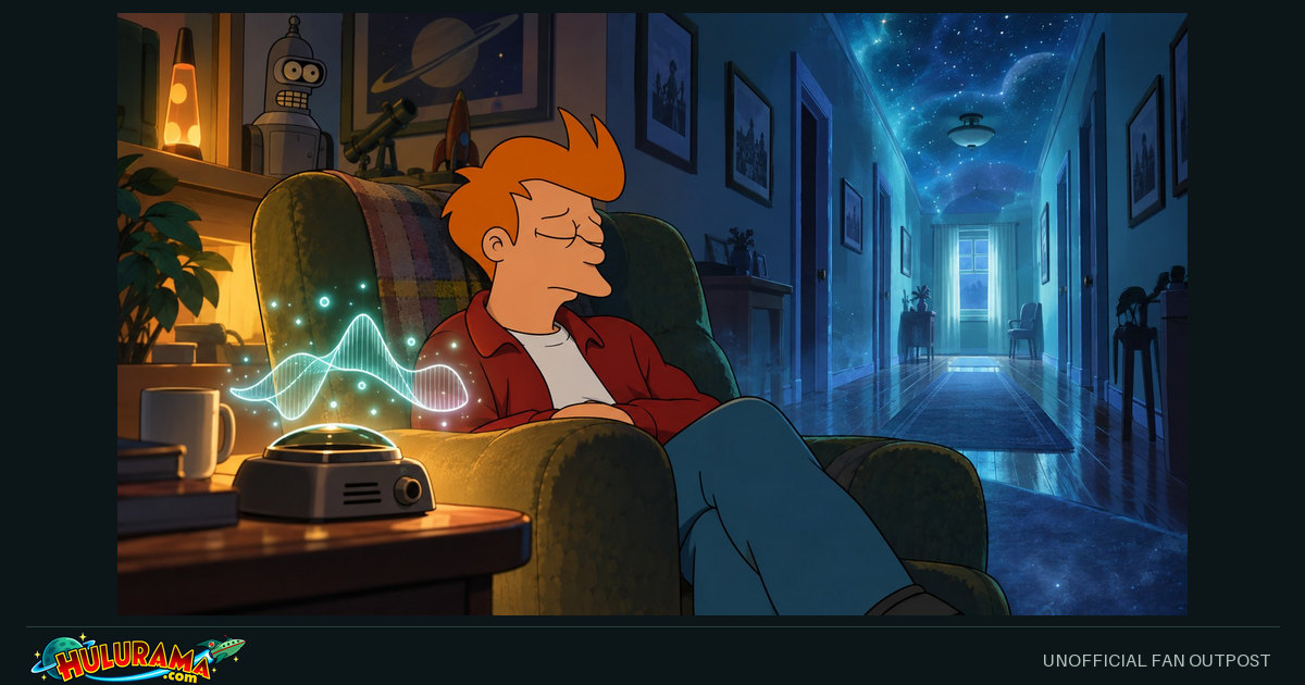 Fry sleeps beside a radio as an illuminated dreamlike hallway stretches into the distance.
