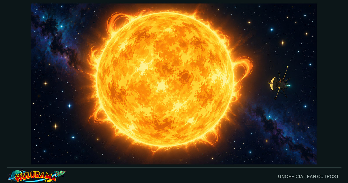 A stylized glowing star and solar arcs dominate space beside a small observing craft.